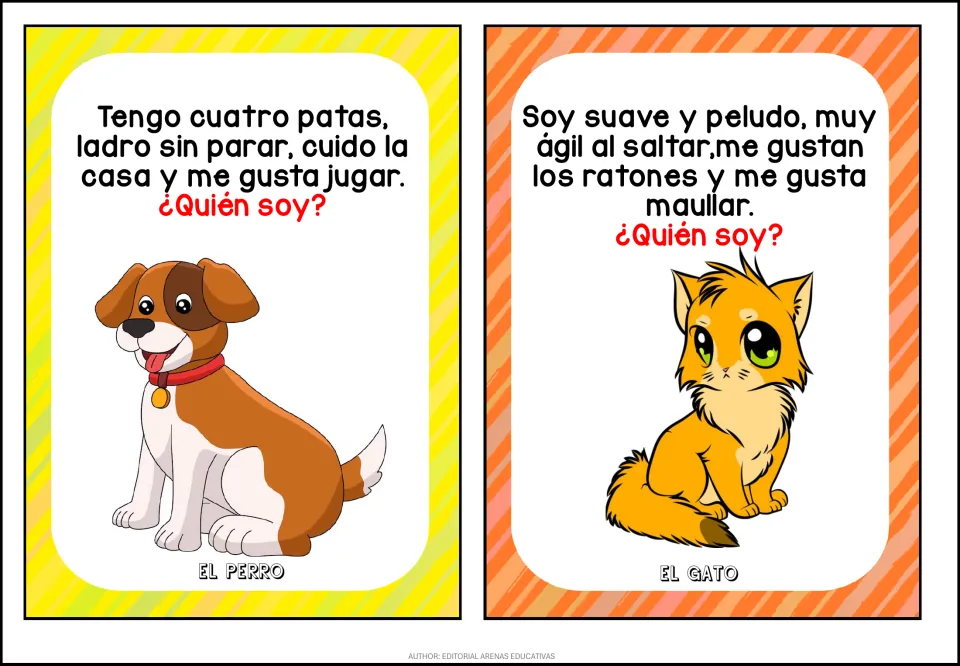 Spanish riddle cards: two ¿Quién soy? clues describing a barking dog and a mouse-loving cat, labeled El perro and El gato