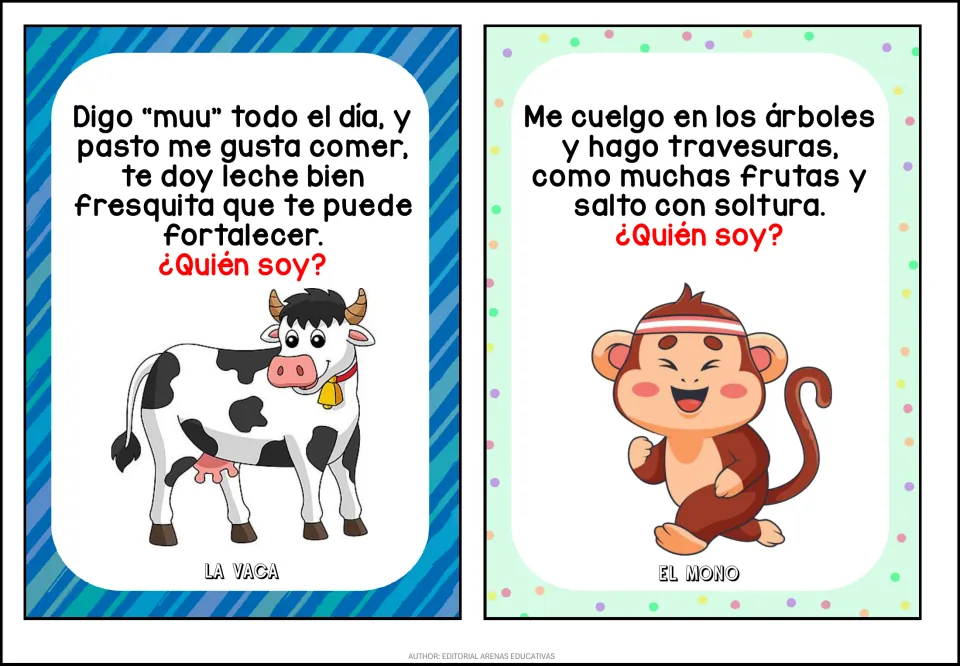 Spanish riddle cards: ¿Quién soy? clues for a cow that says muu and a tree-swinging monkey; answers La vaca and El mono