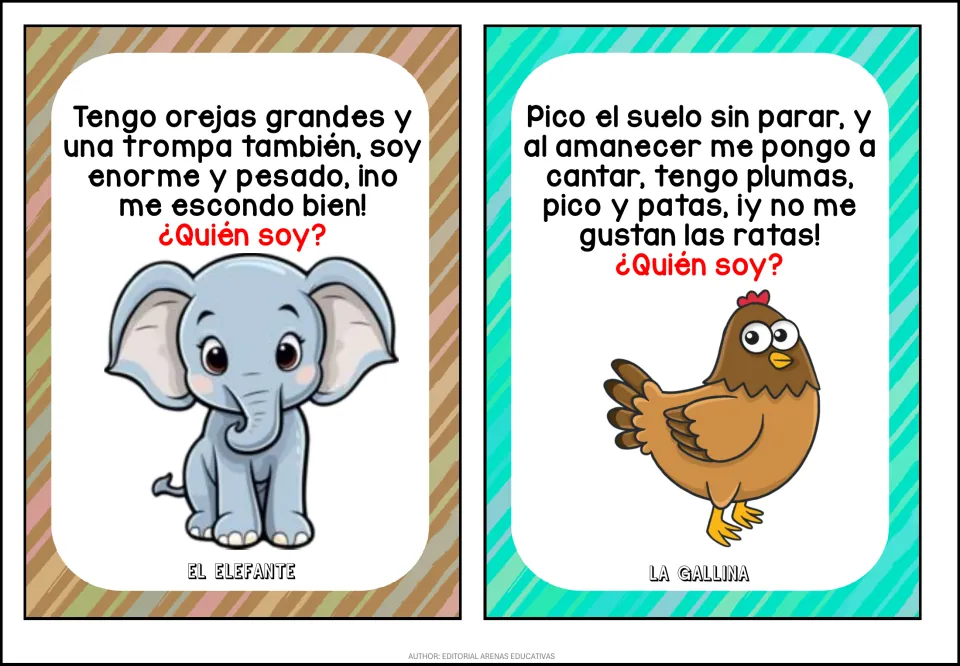 Riddles in Spanish: guess the big-eared animal with a trunk and the bird that sings at dawn; answers El elefante, La gallina
