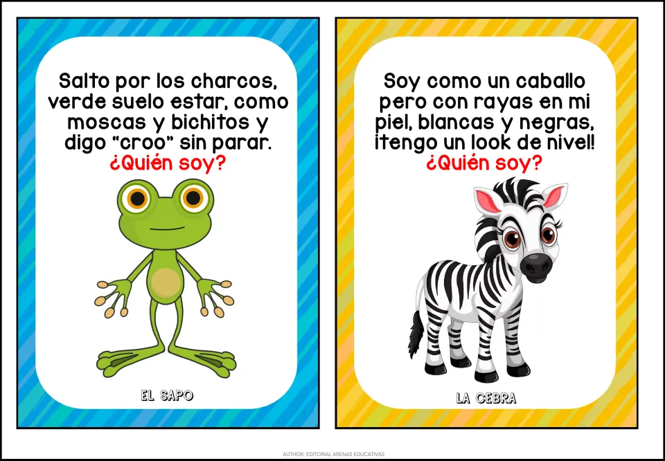 Spanish ¿Quién soy? riddles: a green toad that jumps in puddles and a horse with black and white stripes; El sapo, La cebra