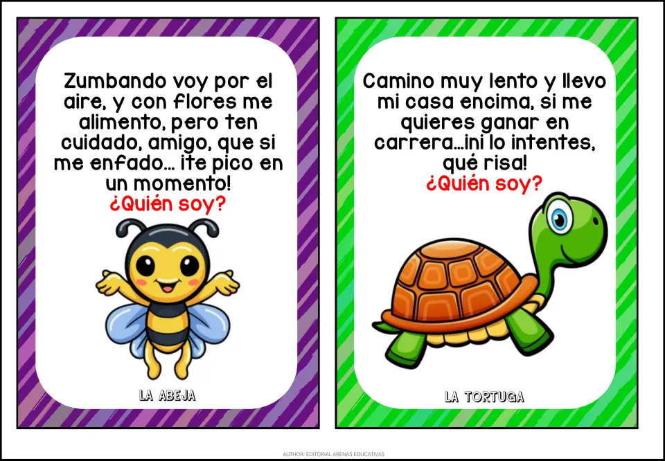 Spanish riddle pair: a buzzing insect fed by flowers and a slow walker carrying its house; answers La abeja, La tortuga