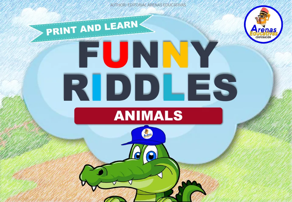 Funny Riddles: Animals cover, Print and Learn banner, cartoon crocodile in a cap and the Arenas Educativas logo