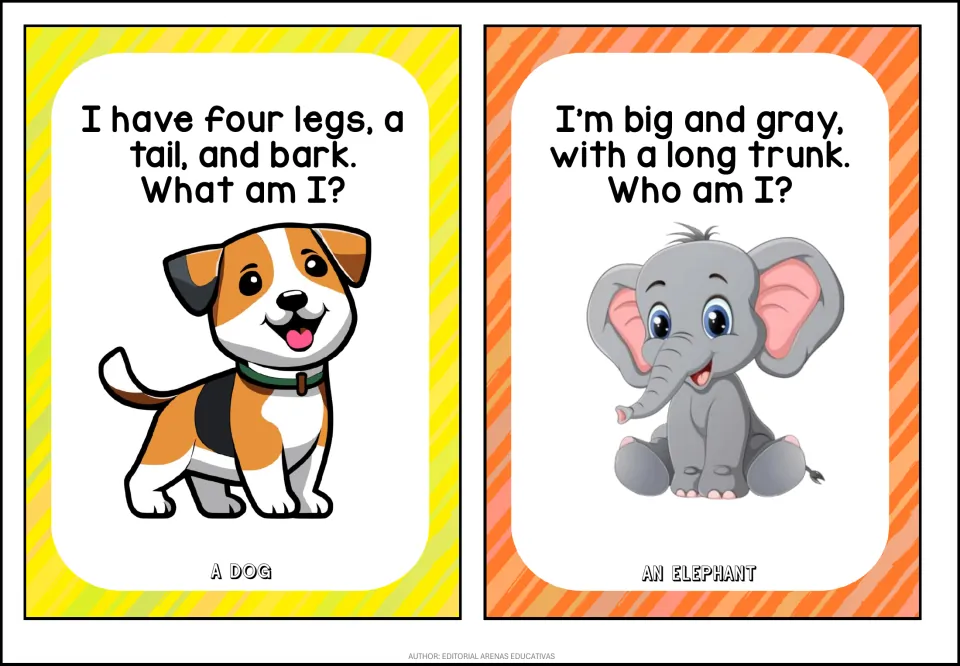 Animal riddle cards: dog (four legs, tail, bark) and elephant (big, gray, long trunk), each with picture and answer