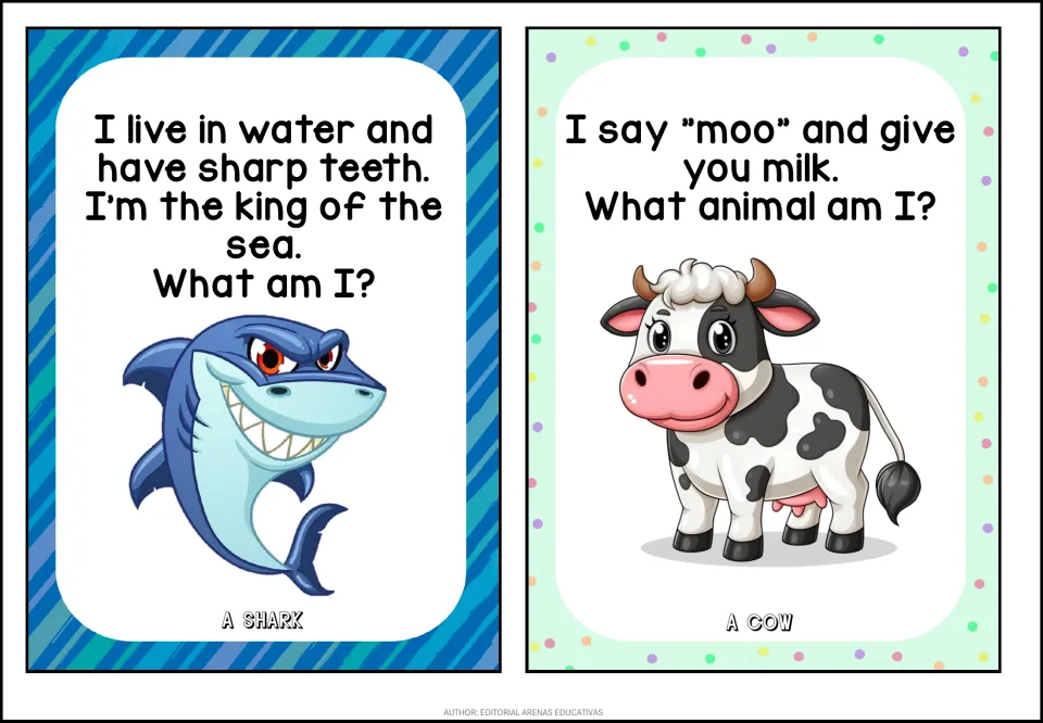 Animal riddle cards: shark with sharp teeth, king of the sea, and a cow that says moo and gives milk, answers below