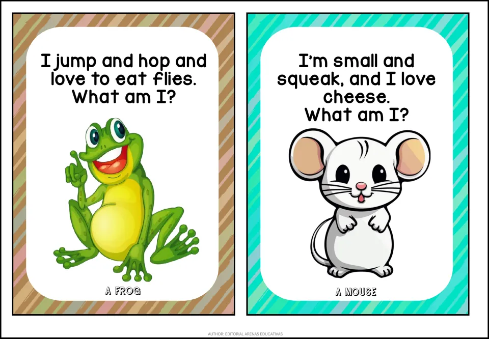 Animal riddle cards: frog that hops and eats flies, and mouse that is small, squeaks and loves cheese, answers below