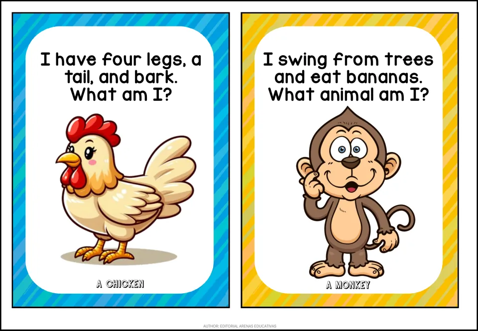 Animal riddle cards: chicken card reusing the four legs, tail and bark clue, and monkey that swings and eats bananas
