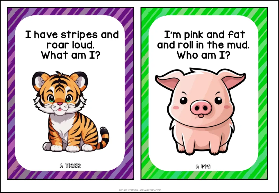 Animal riddle cards: striped tiger that roars loud, and pink pig that rolls in the mud, with pictures and answers