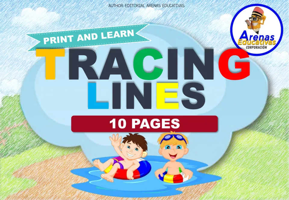 Tracing Lines cover: Print and Learn set of 10 pages by Arenas Educativas, with two cartoon kids floating in a pool