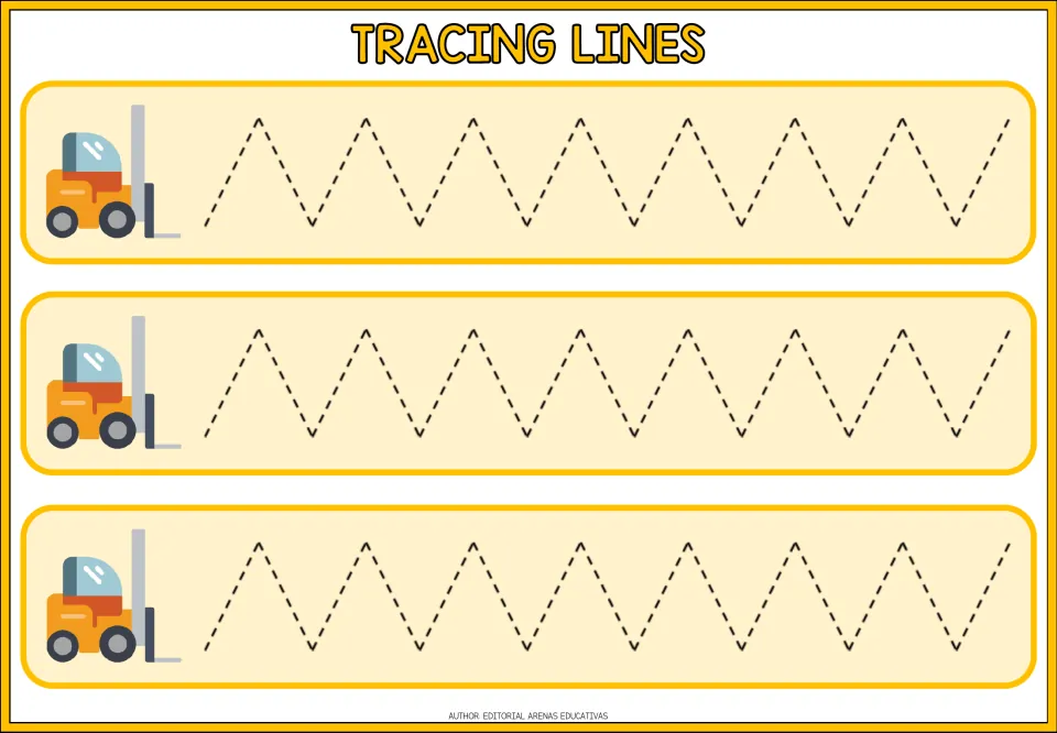 Zigzag tracing: students follow dashed sharp zigzag paths from a forklift picture, repeated three times