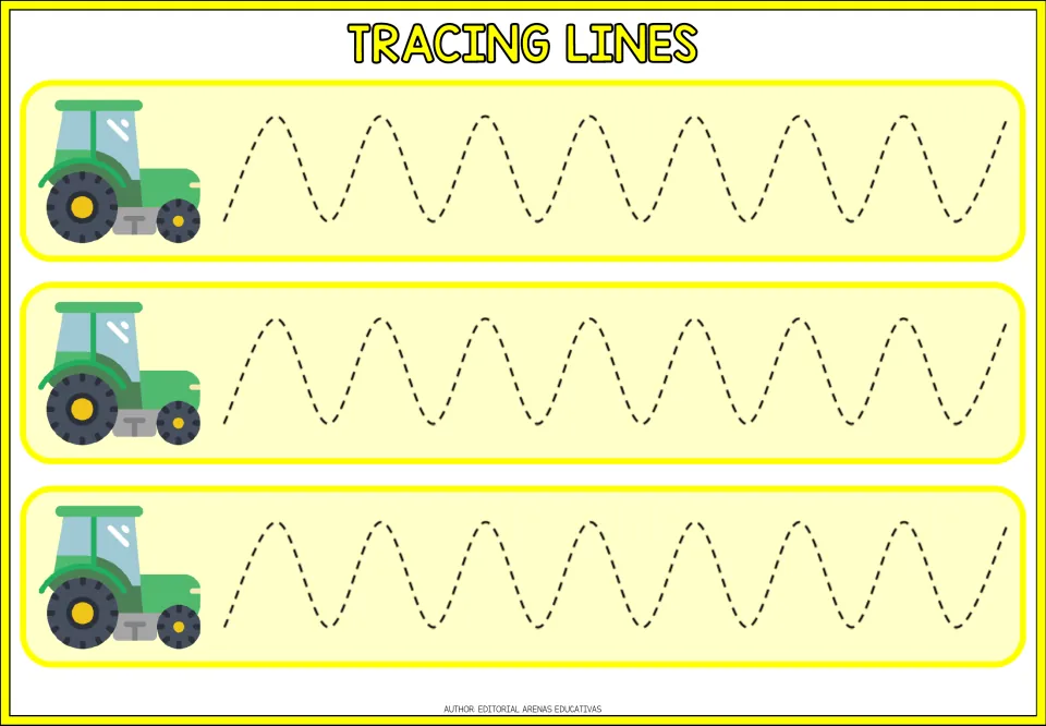 Wave tracing: students trace dashed up-and-down curves from a green tractor, three times, practising curved strokes