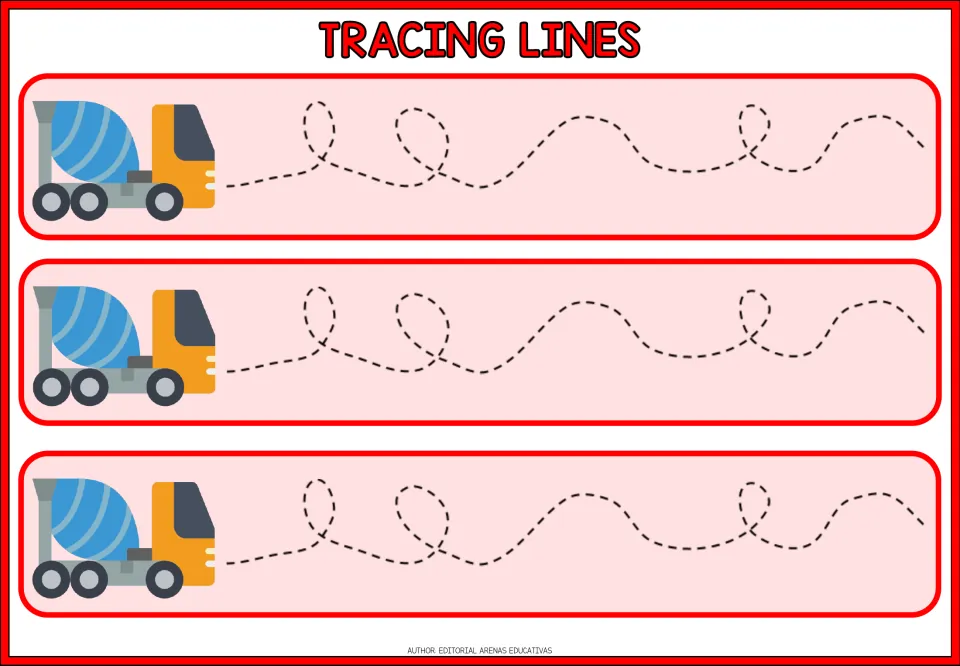 Loop tracing: students follow dashed wavy paths with small loops from a cement mixer truck, repeated three times