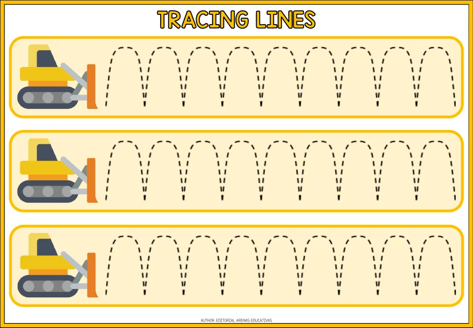 Arch tracing: students trace dashed rounded arches from a bulldozer, three times, practising up-over-down strokes