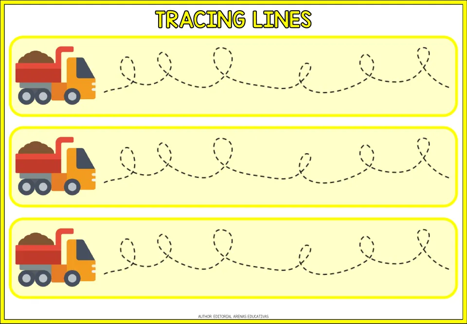 Loopy path tracing: students follow dashed curving paths with loops of different sizes from a dump truck, three times