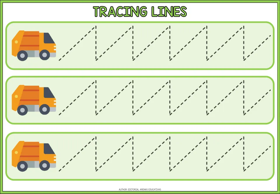 Sawtooth tracing: students trace dashed diagonal-up then straight-down strokes from a garbage truck, three times
