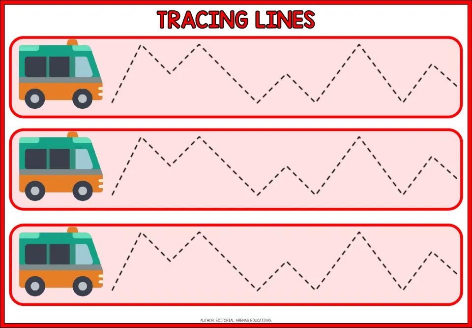 Irregular zigzag tracing: students follow dashed paths with uneven peaks and dips from a van, three times