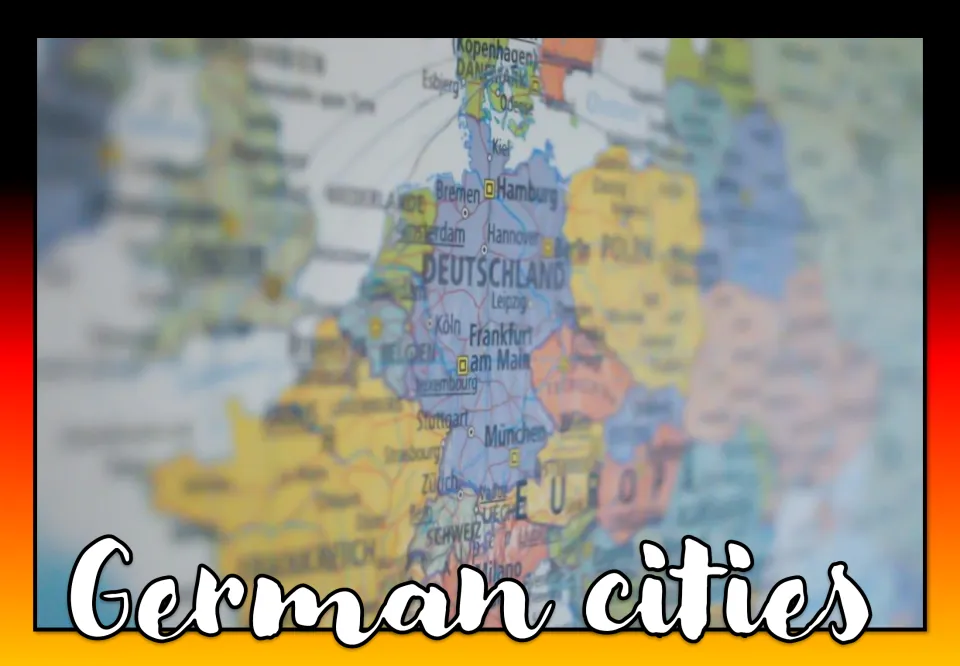 German cities cover: title in script over a blurred map of Deutschland marking Hamburg, Köln, Frankfurt and München