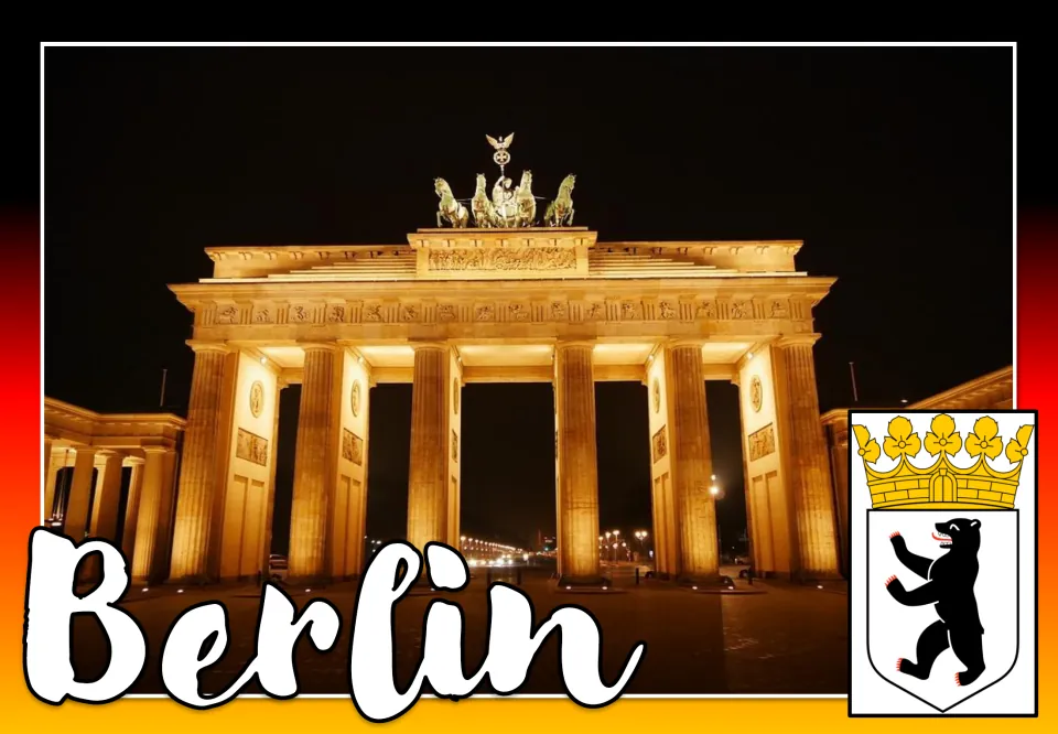 Berlin poster: the Brandenburg Gate lit at night beside the city's coat of arms, a black bear on a white shield