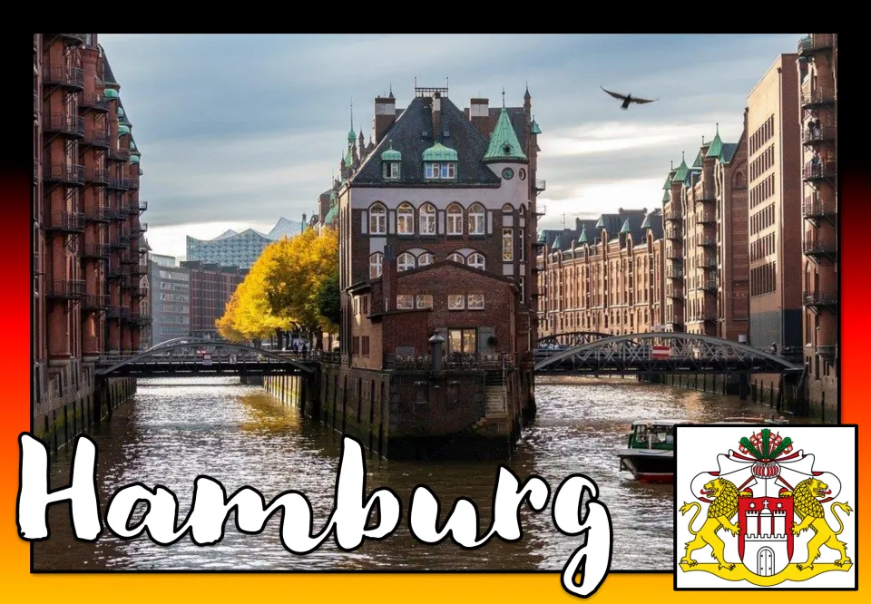 Hamburg poster: red-brick warehouses lining a canal with bridges and a boat, plus the city arms with two gold lions