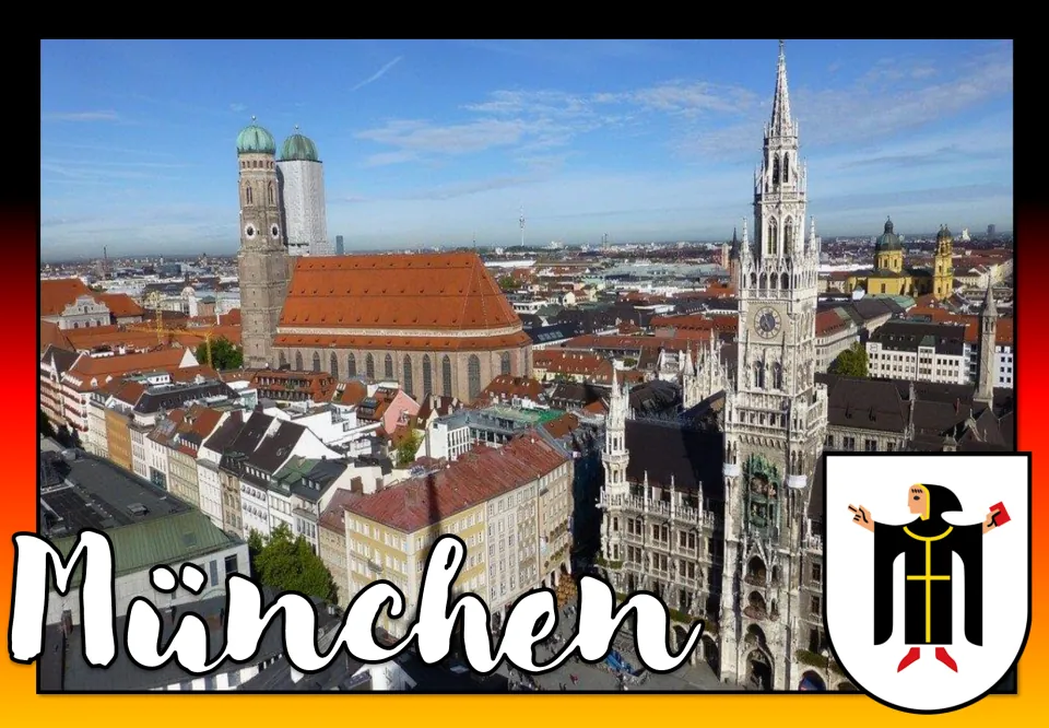 München poster: aerial view of the Frauenkirche's twin domes and the Rathaus spire, with the monk figure coat of arms