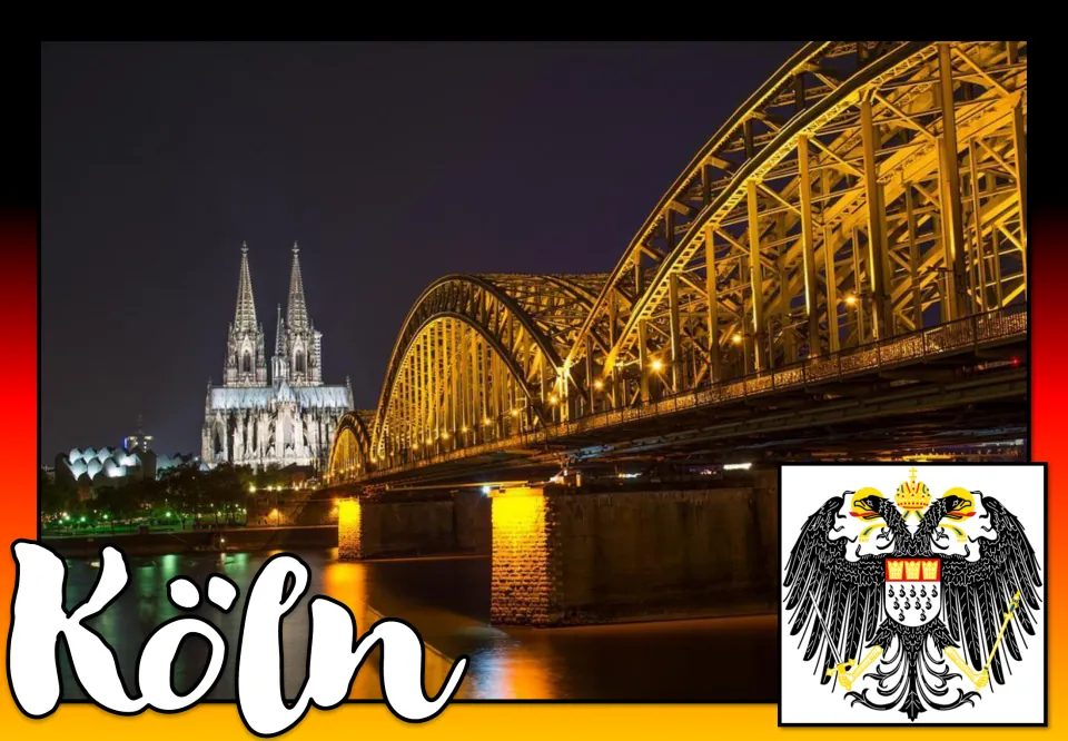 Köln poster: the cathedral's twin spires and the lit arch bridge over the Rhine at night, next to the double-eagle arms