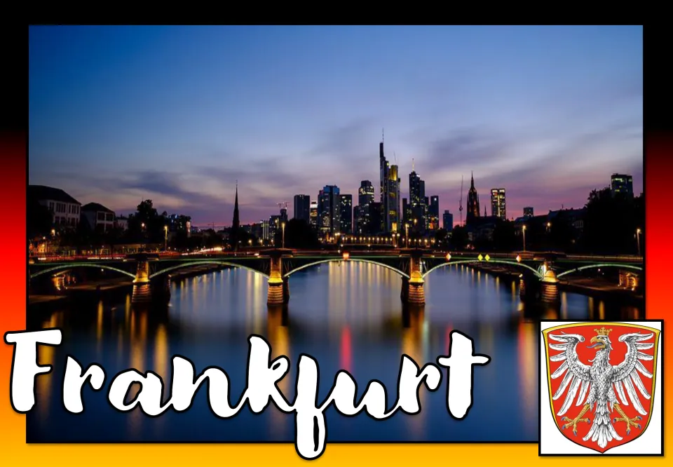 Frankfurt poster: high-rise skyline at dusk over a river bridge, shown with a white eagle on the red city shield