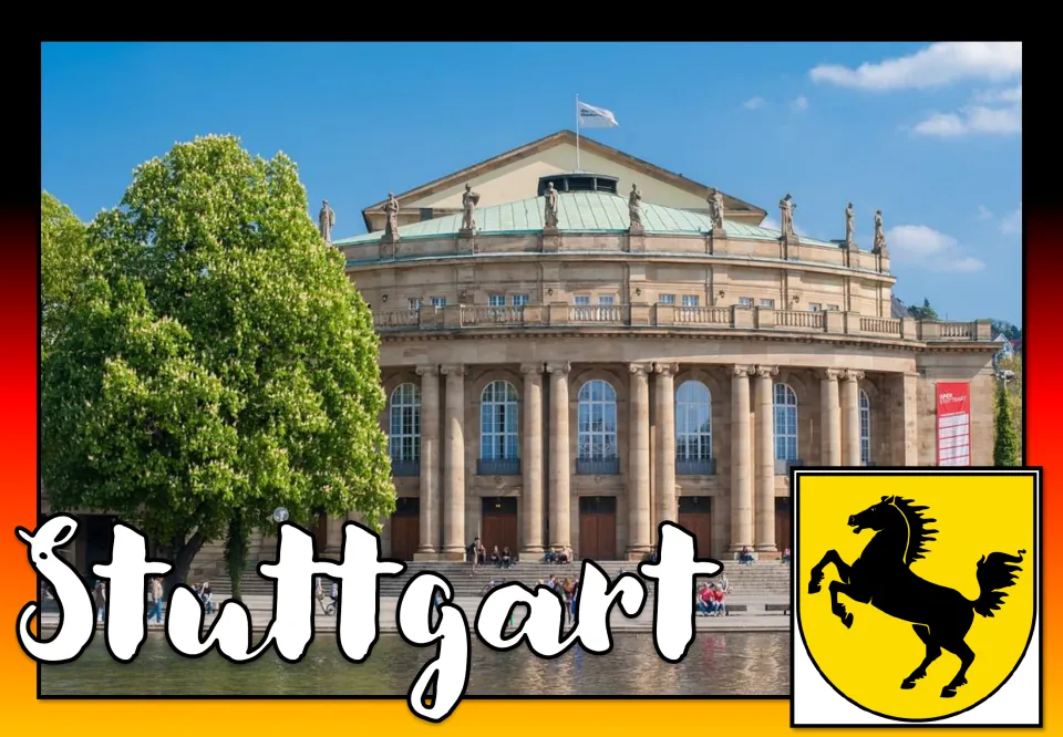 Stuttgart poster: a columned opera house behind a pond and green tree, with a black rearing horse on a yellow shield