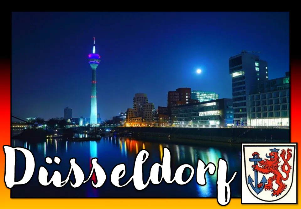 Düsseldorf poster: the illuminated TV tower and harbour buildings reflected in water, beside a red lion and anchor shield