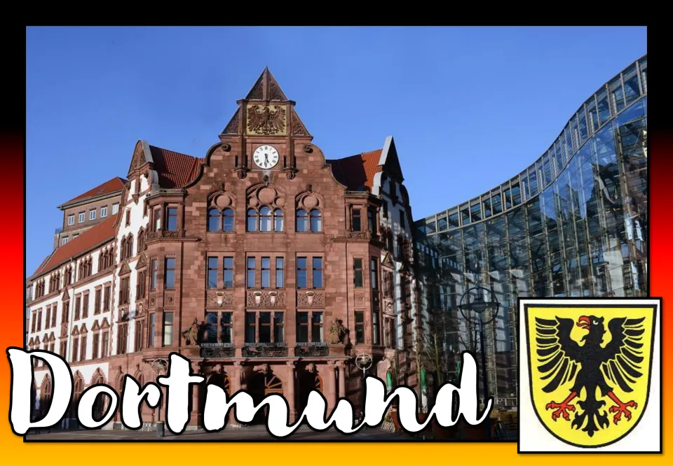 Dortmund poster: red sandstone building with a clock gable next to a curved glass facade, plus a black eagle arms