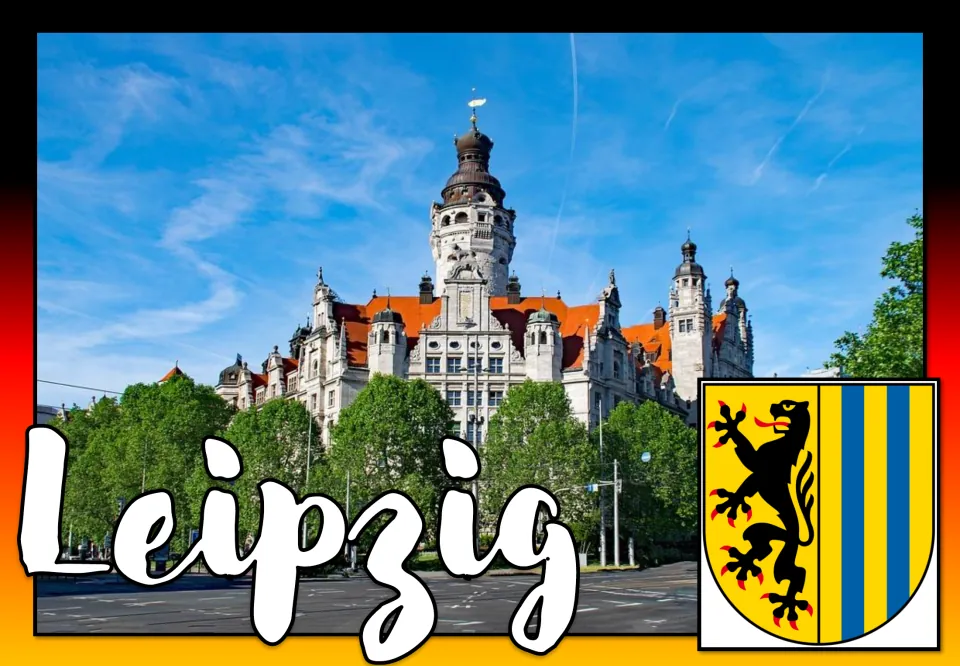 Leipzig poster: the ornate New Town Hall tower among trees, beside a shield with a black lion and blue-yellow stripes