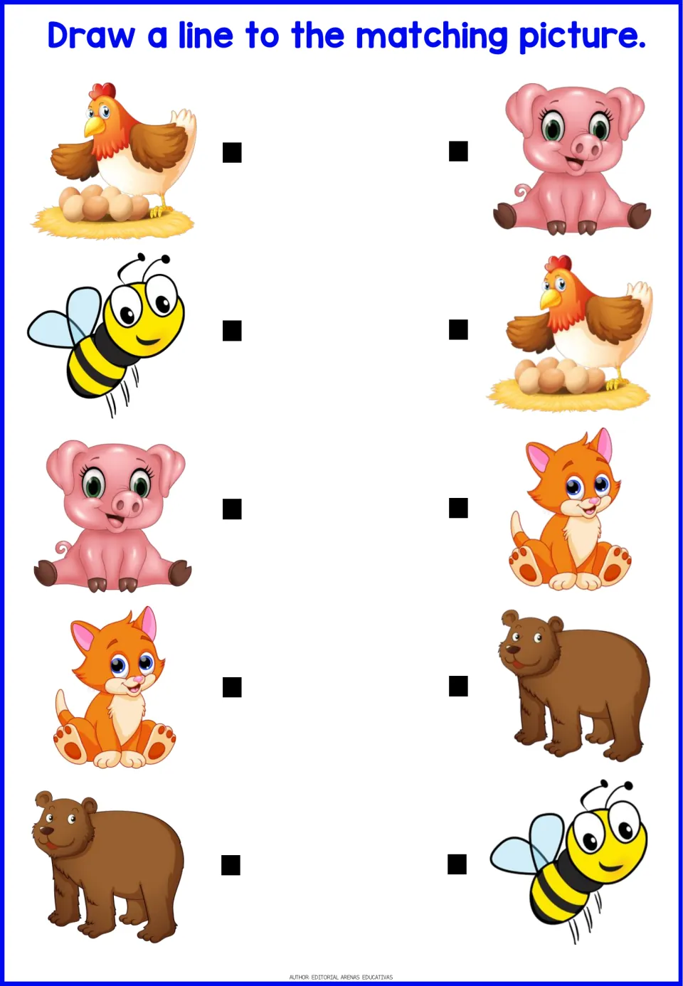 Farm and garden animal matching: students draw a line from a hen, bee, pig, cat and bear to the identical picture