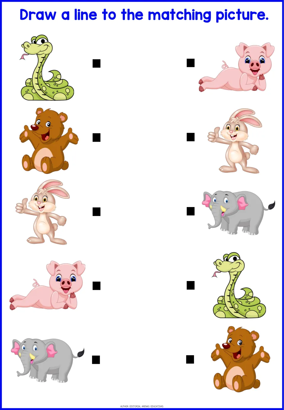 Identical-picture matching: students draw lines to pair a snake, bear, bunny, pig and elephant with their twins