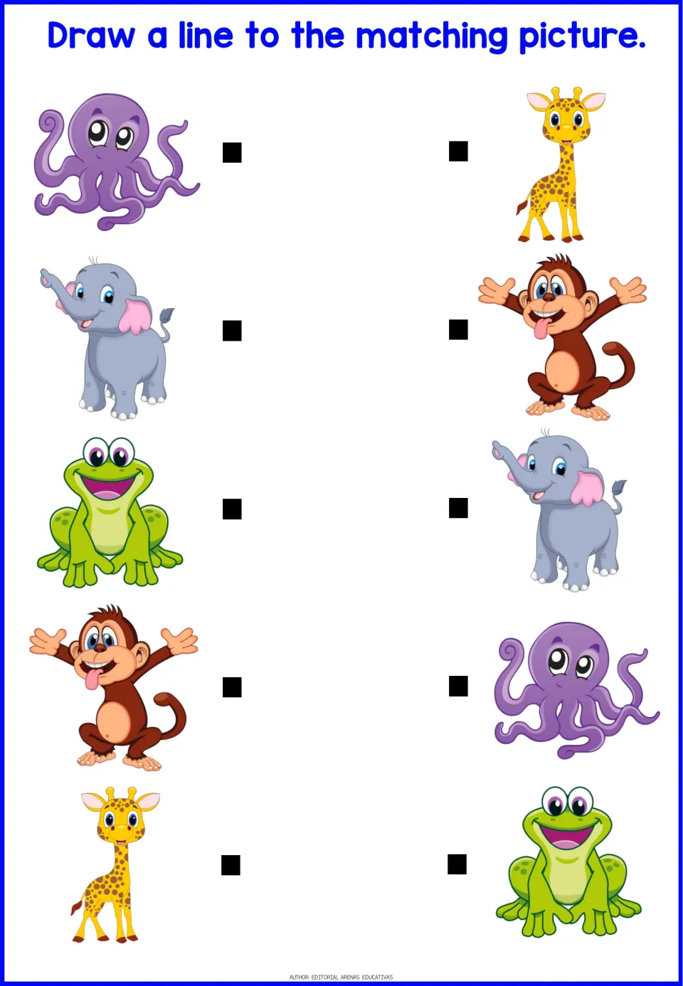 Visual matching with an octopus, elephant, frog, monkey and giraffe: students draw a line to each matching picture