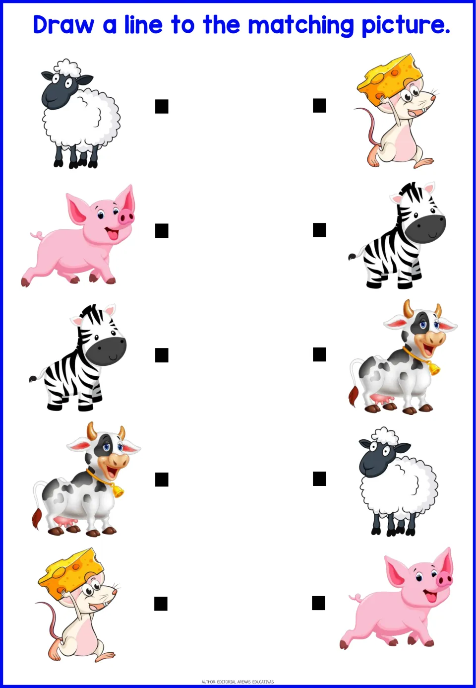 Animal picture match: students connect a sheep, pig, zebra, cow and cheese-carrying mouse to the identical images