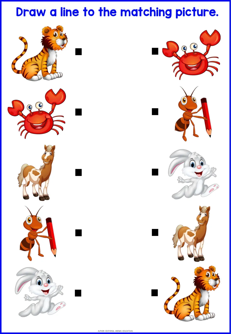 Same-picture matching: students link a tiger, crab, horse, pencil-holding ant and rabbit to their matching partners