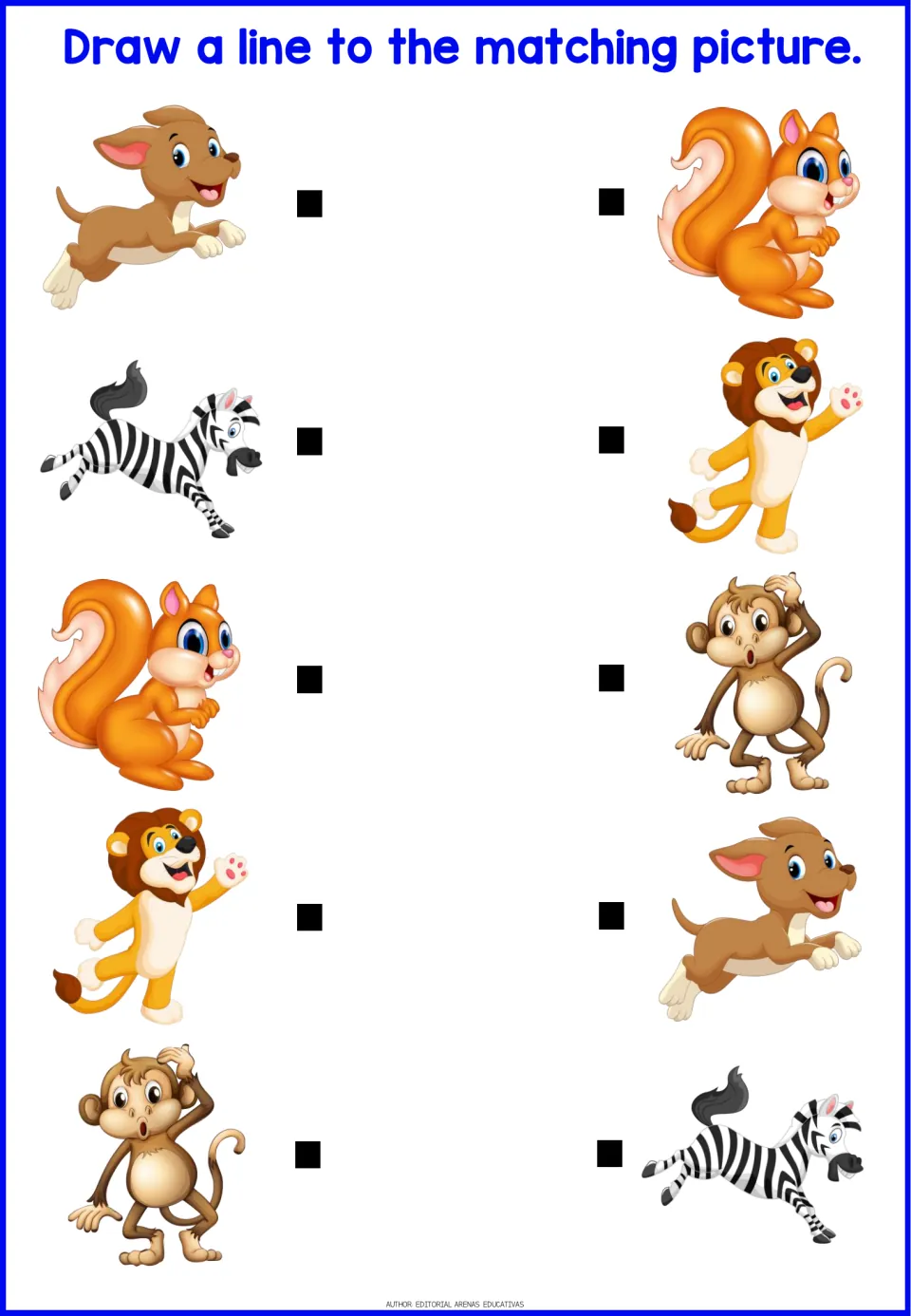 Running and playful animals: students draw lines pairing a dog, zebra, squirrel, lion and monkey with the same picture