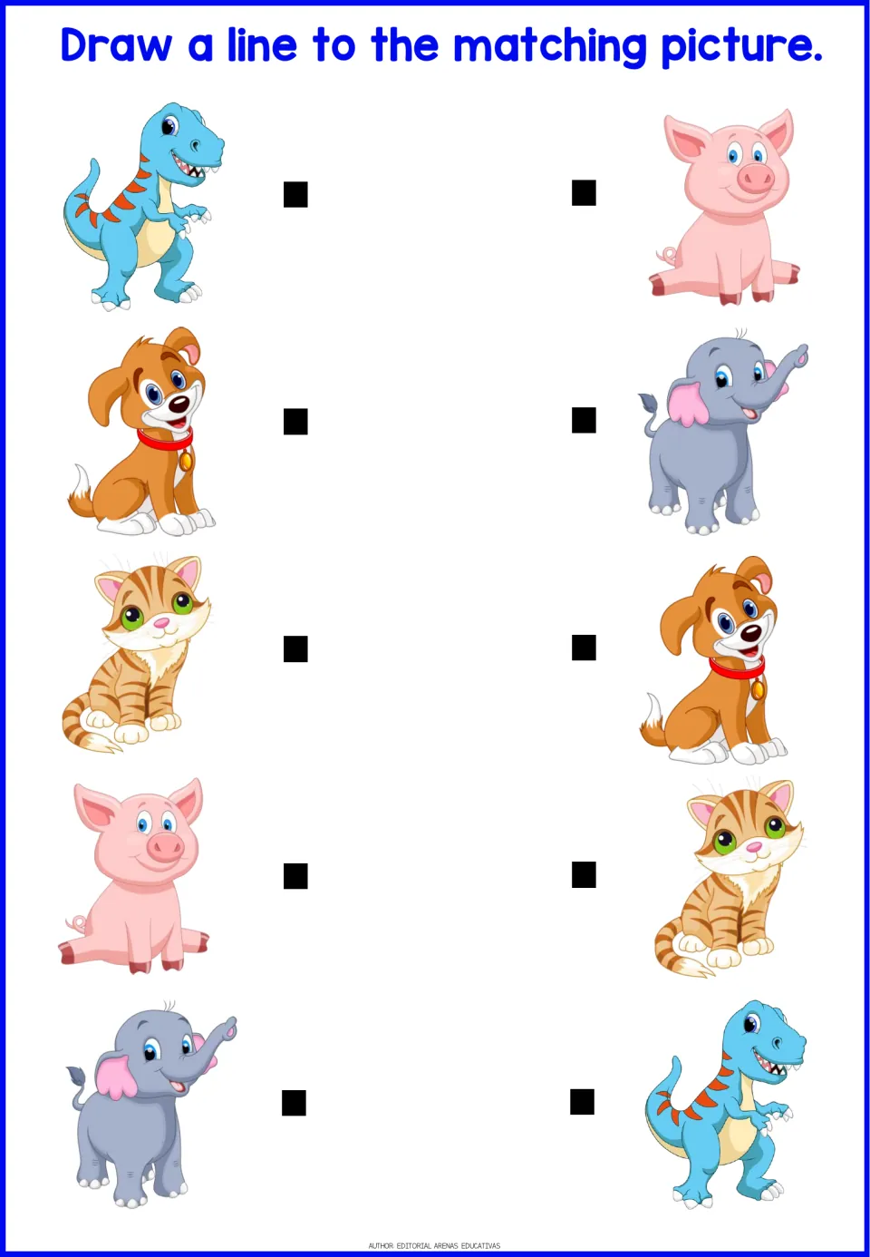 Pet and animal matching: students connect a blue dinosaur, puppy, striped kitten, pig and elephant to their pairs