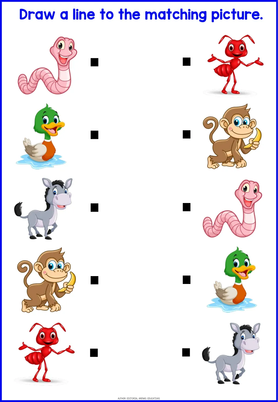 Picture pairing practice: students draw lines matching a worm, duck, donkey, banana-holding monkey and red ant