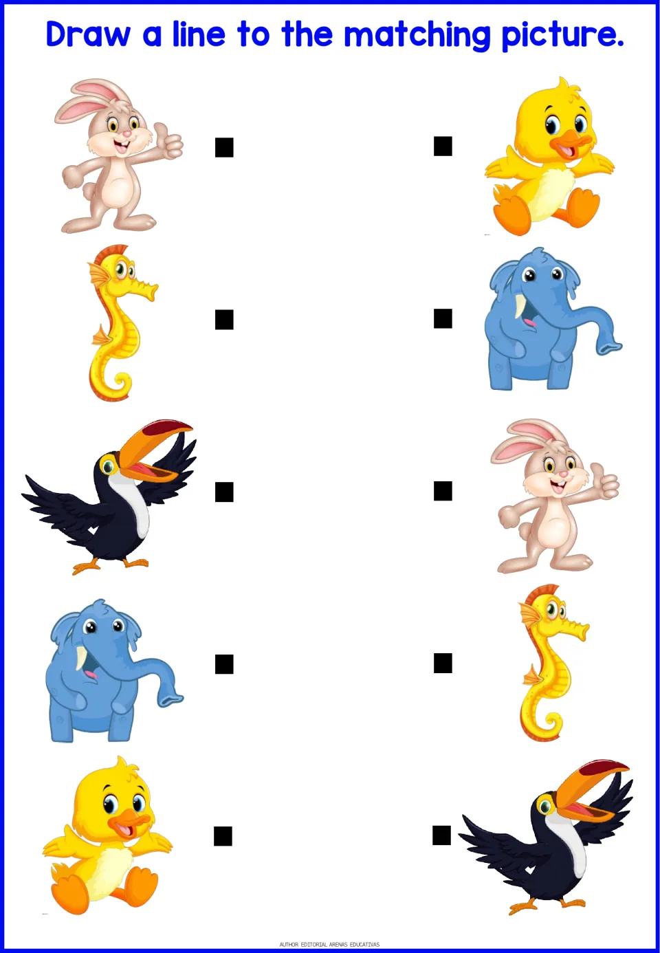 Visual discrimination: students match a bunny, seahorse, toucan, blue elephant and yellow duckling to their twins