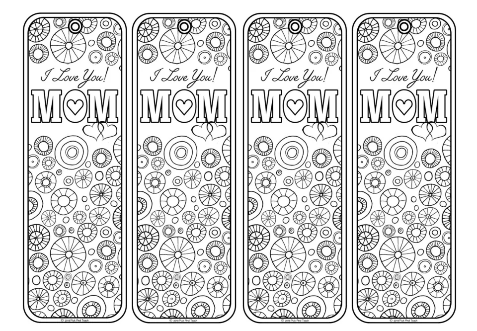 Mother's Day bookmarks: four identical I Love You! MOM designs for students to color, filled with patterned circle doodles