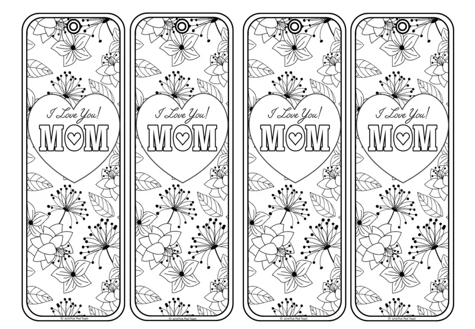 Mother's Day bookmarks to color: I Love You! MOM inside a heart, set among outlined flowers, leaves and dandelion sprays