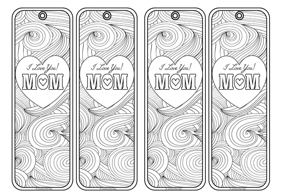 Mother's Day bookmarks to color: I Love You! MOM in a heart over a background of swirling wave patterns, four per sheet