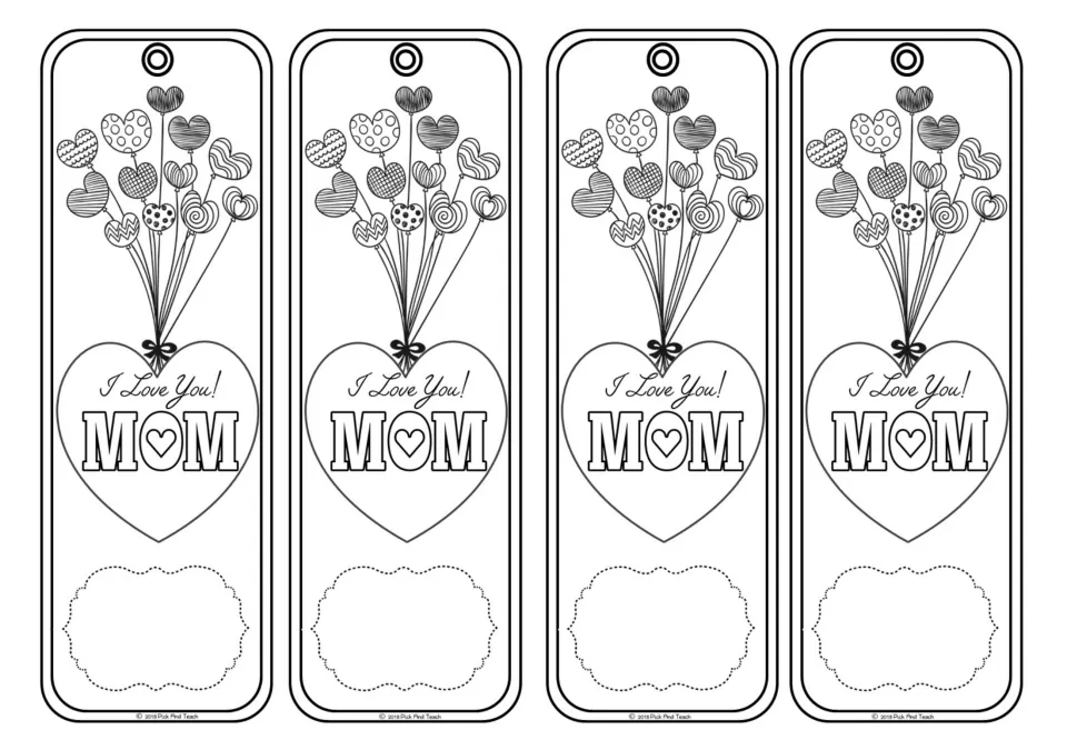 Mother's Day bookmarks: heart balloons above an I Love You! MOM heart, plus a blank label for students to write a note
