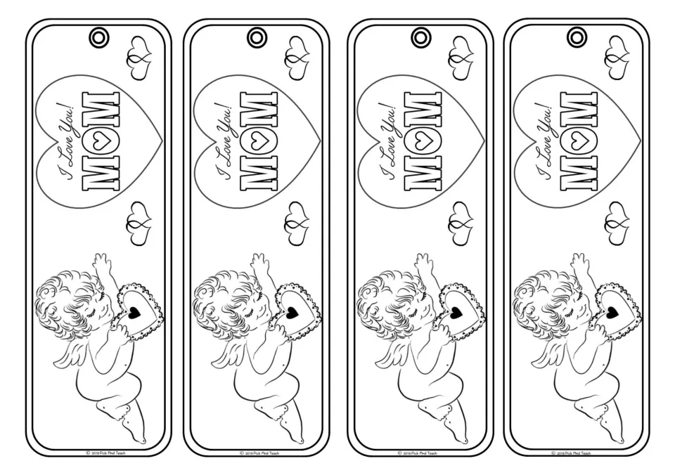 Mother's Day bookmarks to color: sideways I Love You! MOM heart above a cherub hugging a lace-edged heart