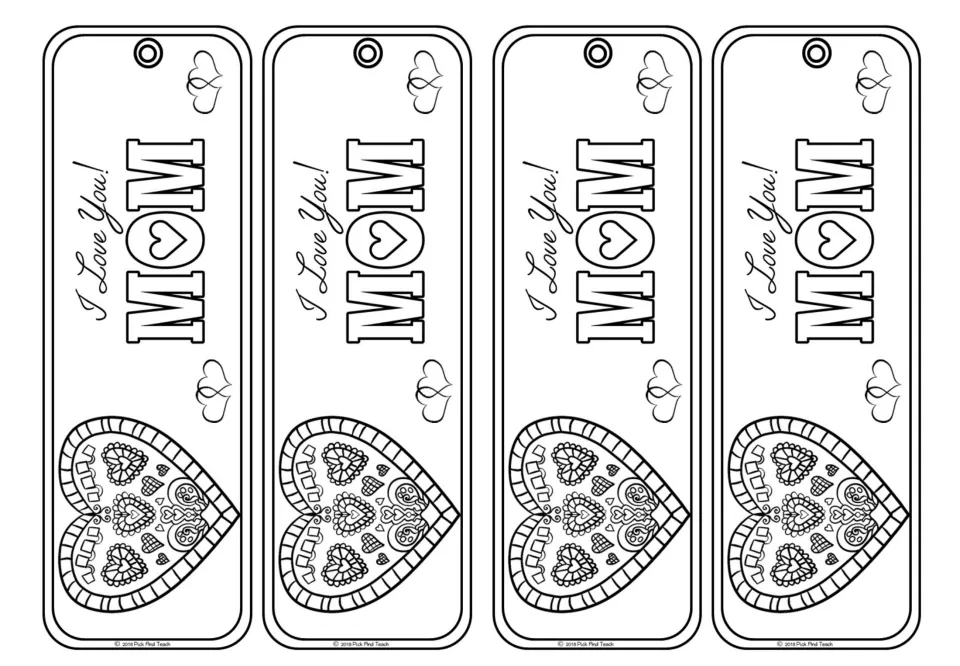 Mother's Day bookmarks: sideways I Love You! MOM text with a large ornate patterned heart below for students to color in