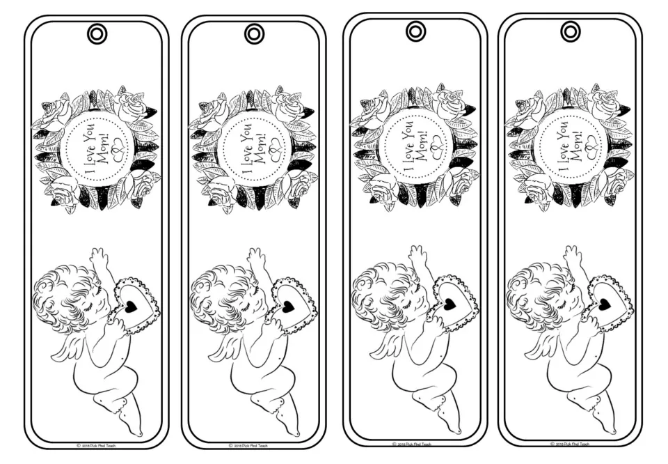 Mother's Day bookmarks to color: I Love You Mom! in a ring of roses and leaves above a cherub holding a heart