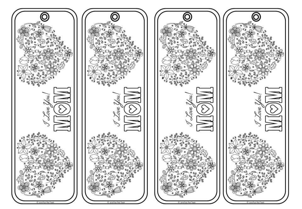 Mother's Day bookmarks: sideways I Love You! MOM between two heart shapes made of tiny doodled flowers and leaves to color