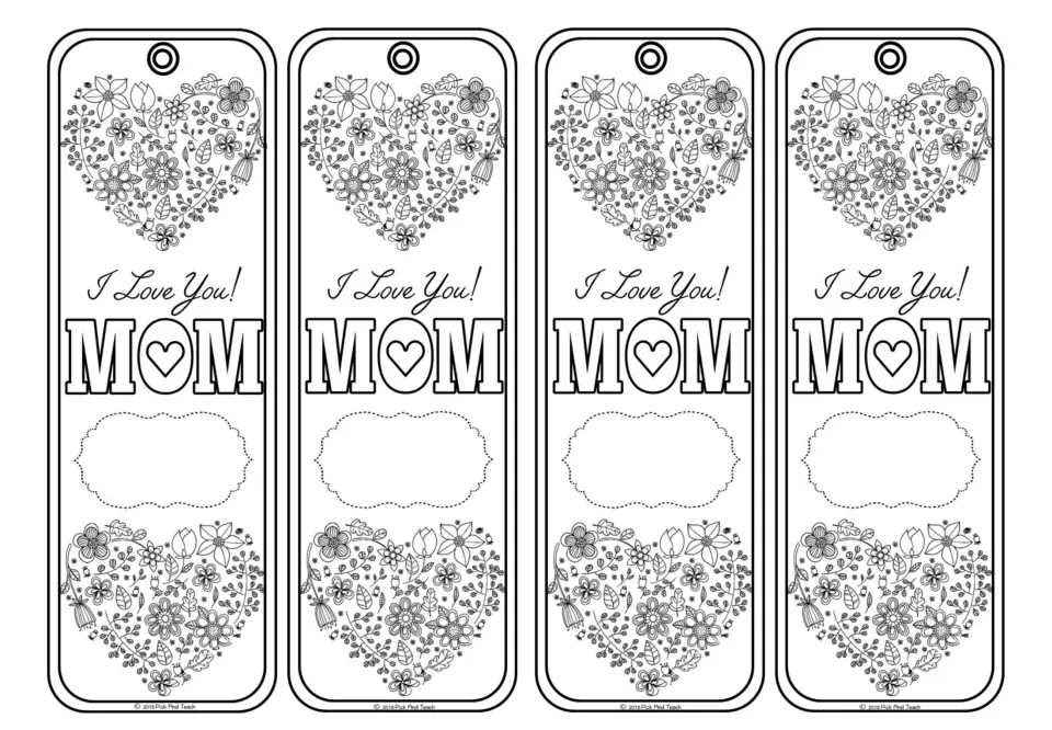 Mother's Day bookmarks: I Love You! MOM between two flower-doodle hearts, with a blank label space for a name or message