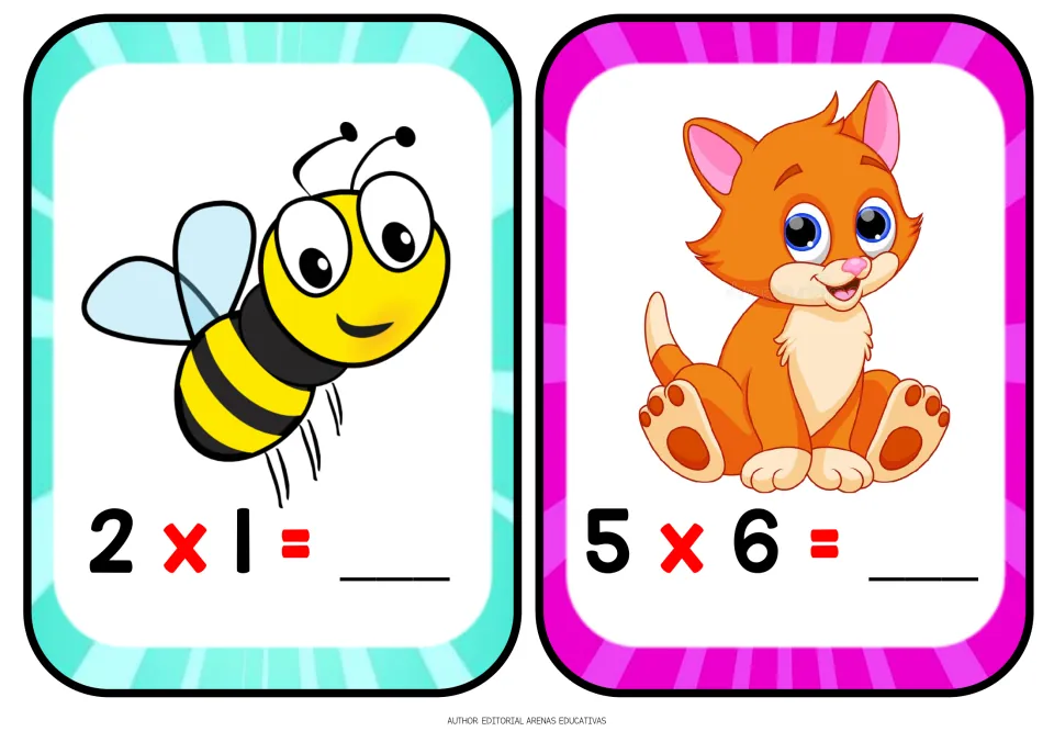 Multiplication flashcards: students solve 2 x 1 (bee card) and 5 x 6 (kitten card), writing each product on the blank