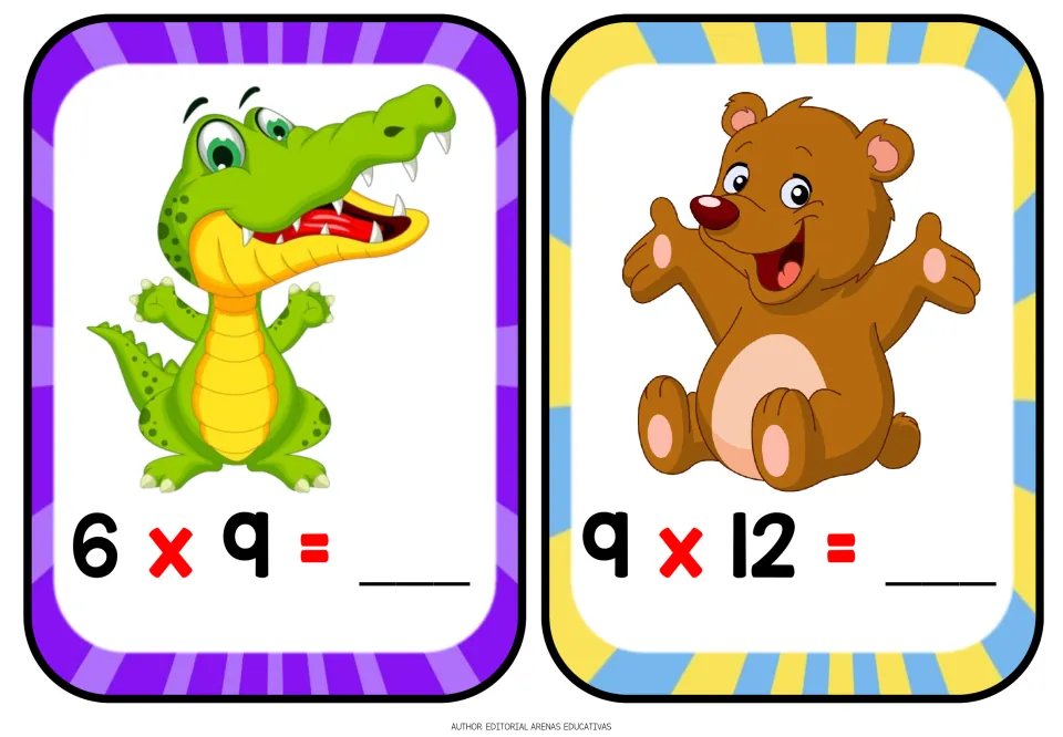 Multiplication flashcards: students solve 6 x 9 (crocodile card) and 9 x 12 (bear card) and write each product on the blank