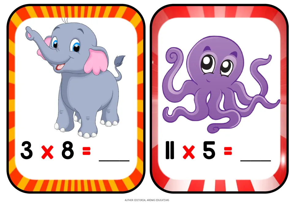 Multiplication flashcards: students find 3 x 8 on an elephant card and 11 x 5 on an octopus card, writing each answer